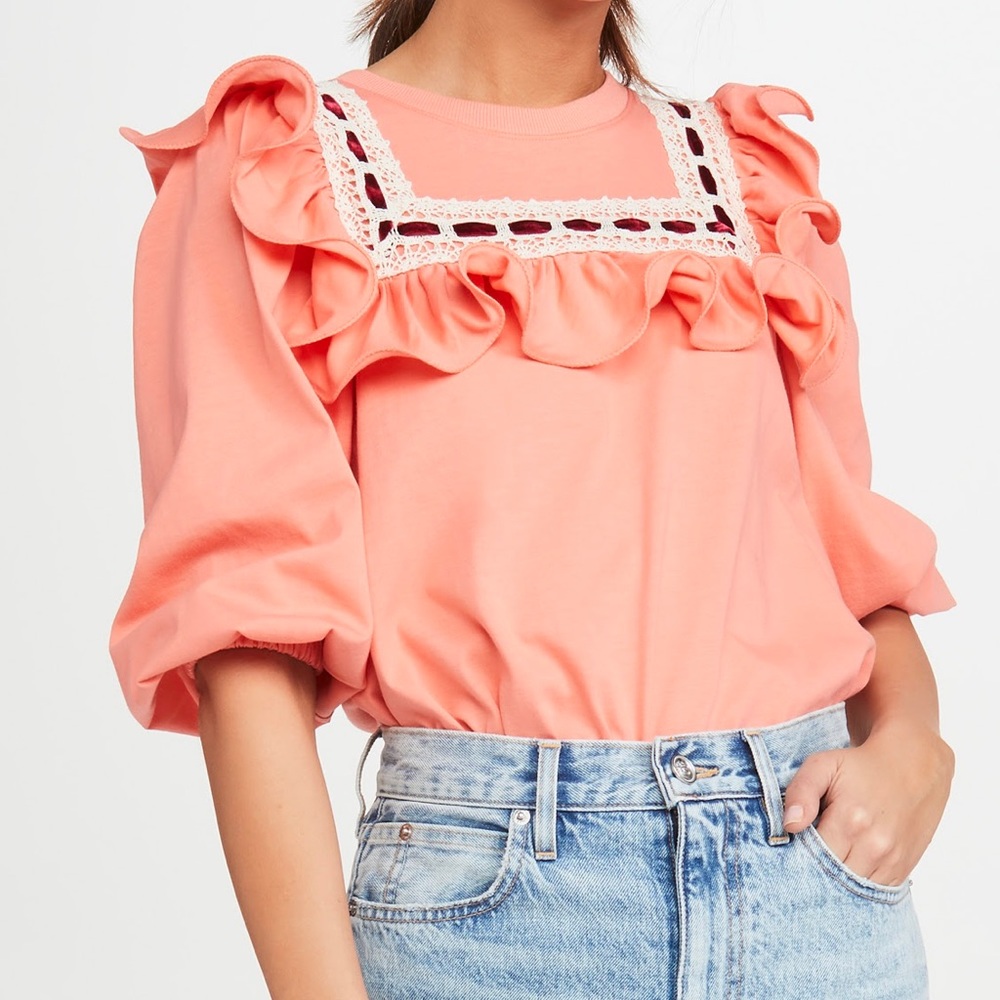 Runway Marc Jacobs Jersey T-Shirt With Lace Trim & Ruffle, Coral